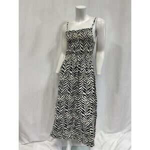 Faithfull The Brand 'Nolie' Black Shirred Zebra-Print Poplin Midi Dress Size 8